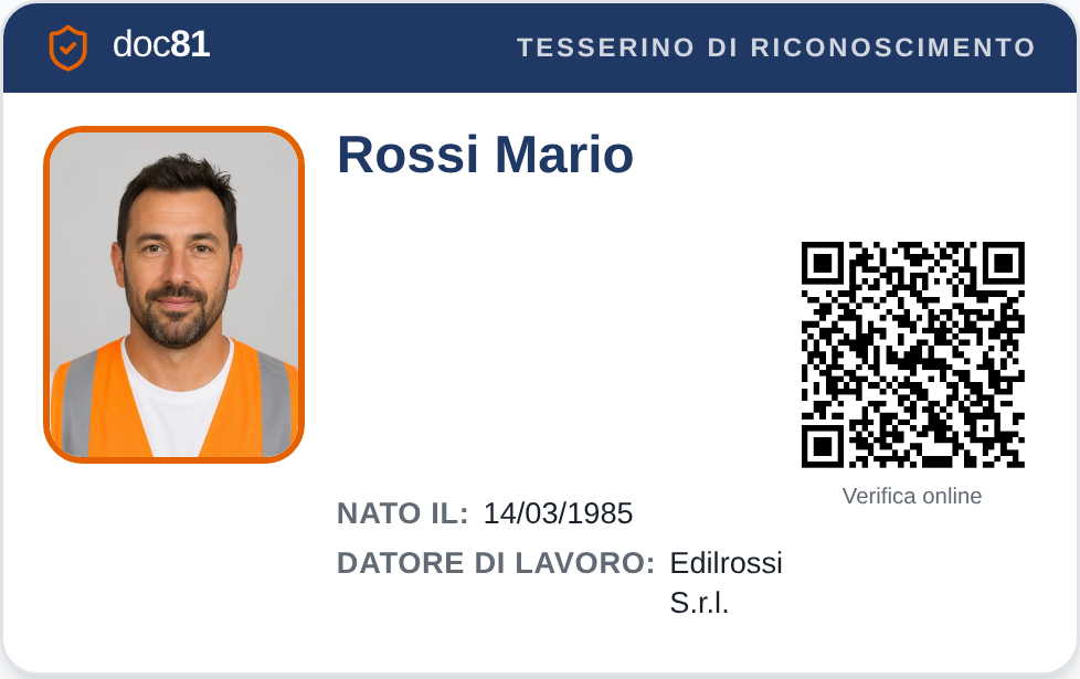 Tesserino di riconoscimento Doc81 con foto del lavoratore e QR code di verifica