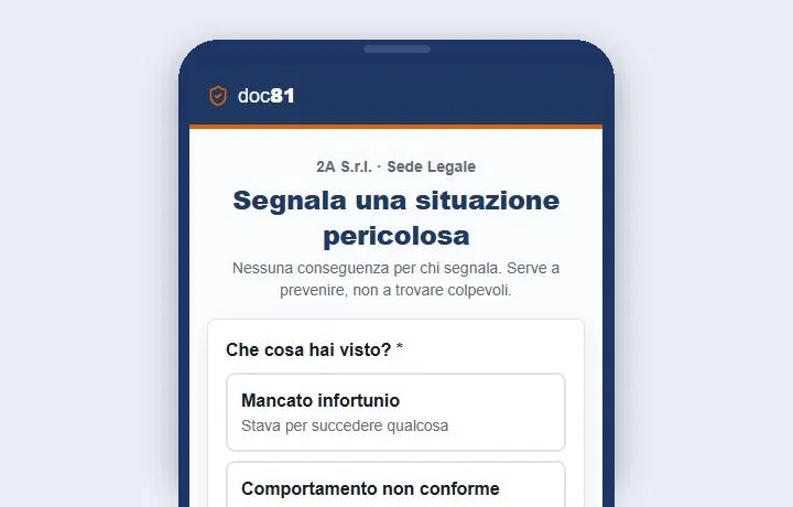 Telefono con la pagina Doc81 di segnalazione di una situazione pericolosa