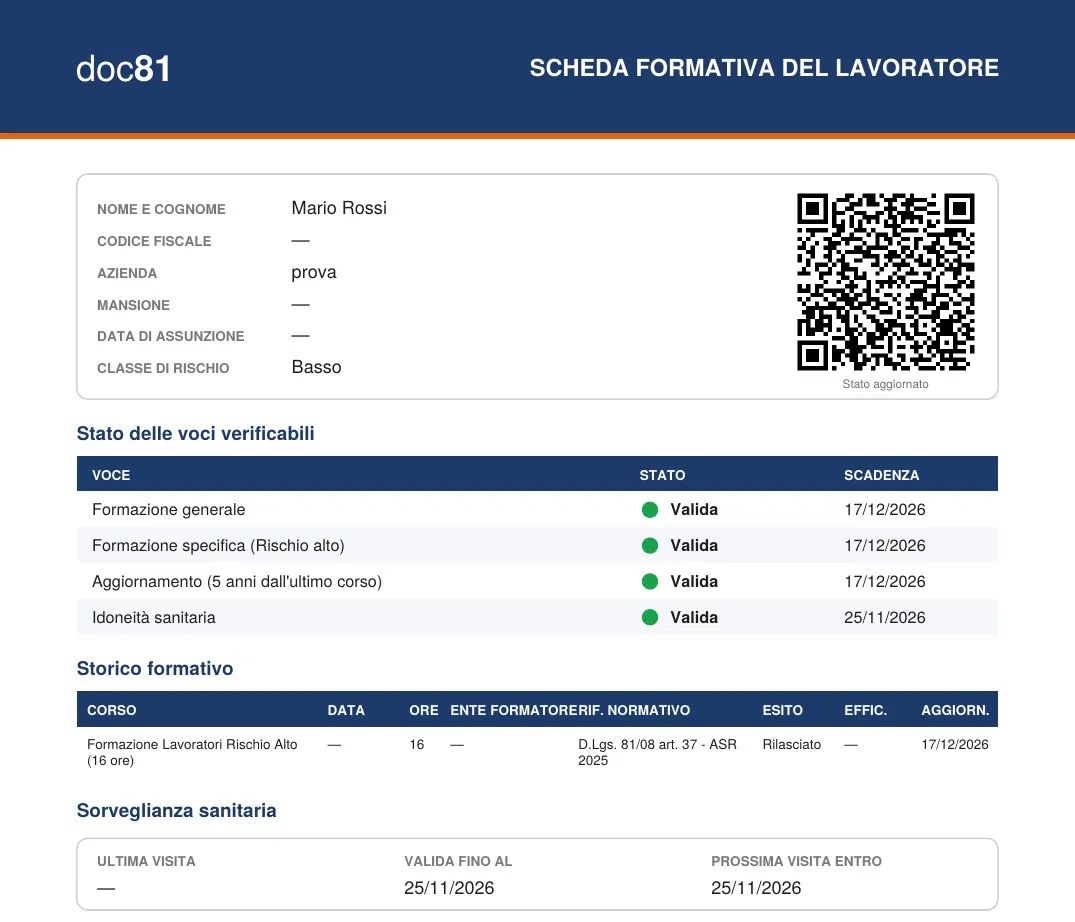 Scheda formativa del lavoratore generata da Doc81 con stato delle voci e storico formativo